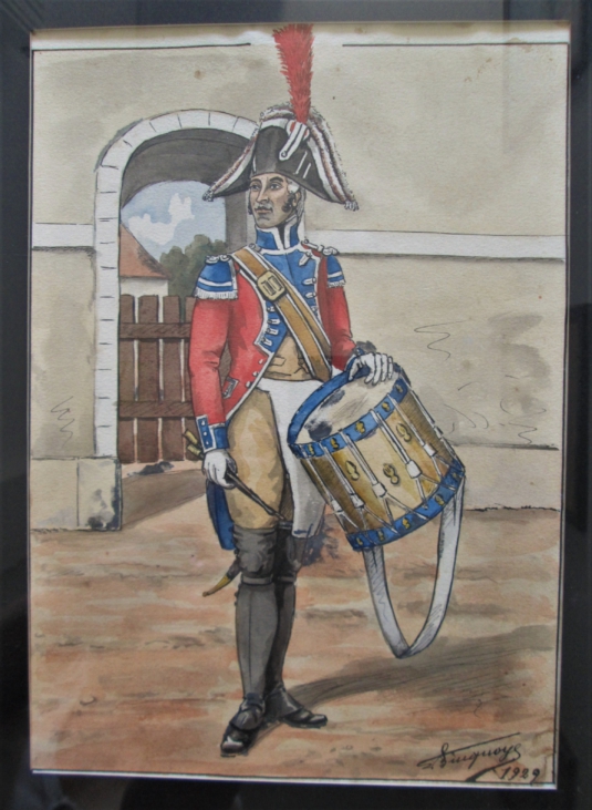Aquarelle militaire Bucquoy gendarmerie uniforme tambour