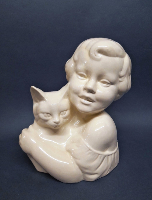 Sarreguemines buste fille & chat Art Déco