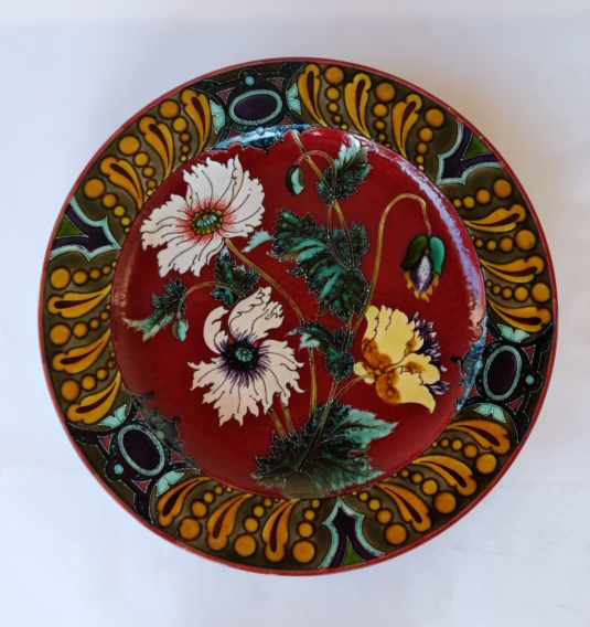 Sarreguemines majolique Art Nouveau, Monumental Plat à Décor Cloisonné De Pavots